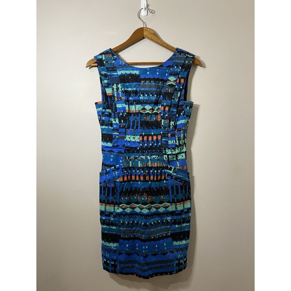 Plenty Tracy Reese Womens Blue Geometric Tribal Print Sheath Dress Pockets Sz 6‎